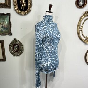 Vintage Blue and Cream Polka Dot Lettuce Edge Mock Neck Top Size S